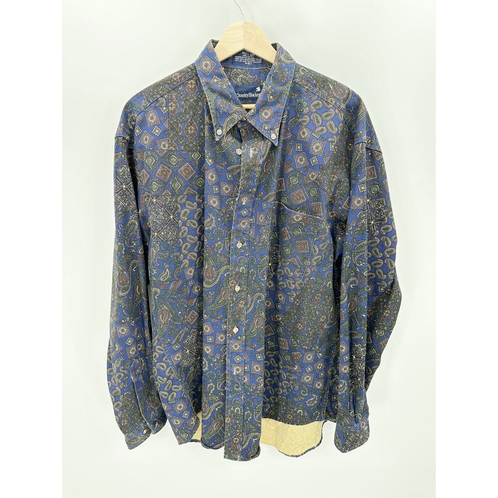 Stanley Blacker Shirt Men LARGE Blue Purple Paisley Button Down 100% Cotton